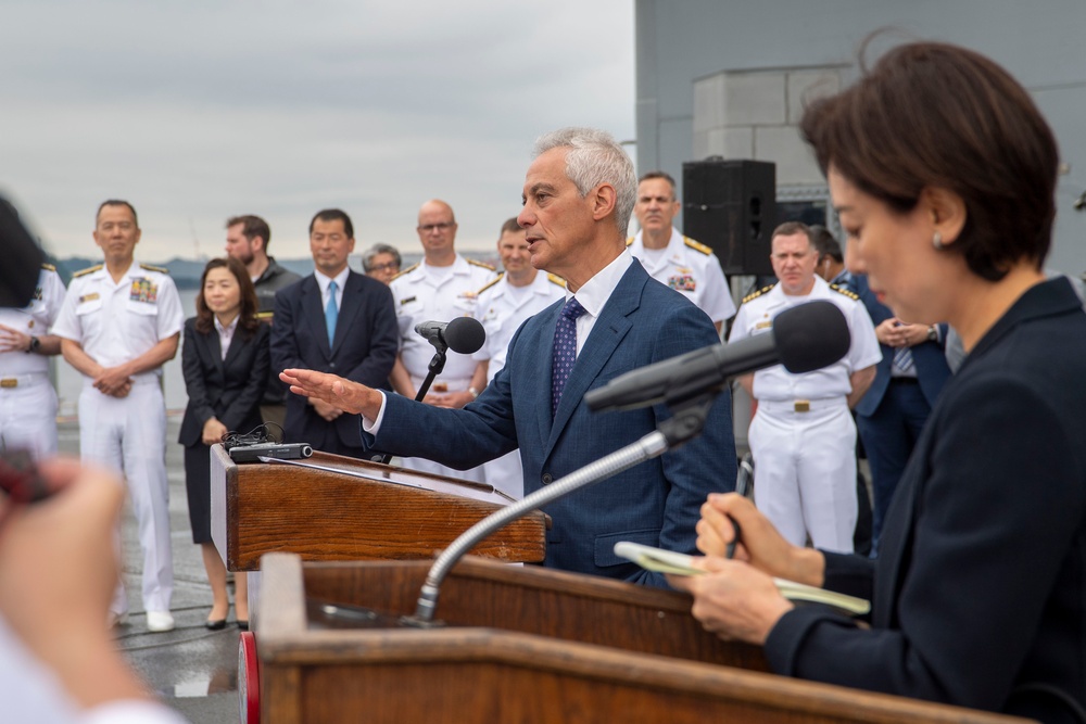 USS Ronald Reagan (CVN 76) hosts US Ambassador to Japan Rahm Emanuel, Japanese Government officials, leaders from the US Navy, JMSDF prior to departing Yokosuka, Japan after 9 years as FDNF carrier