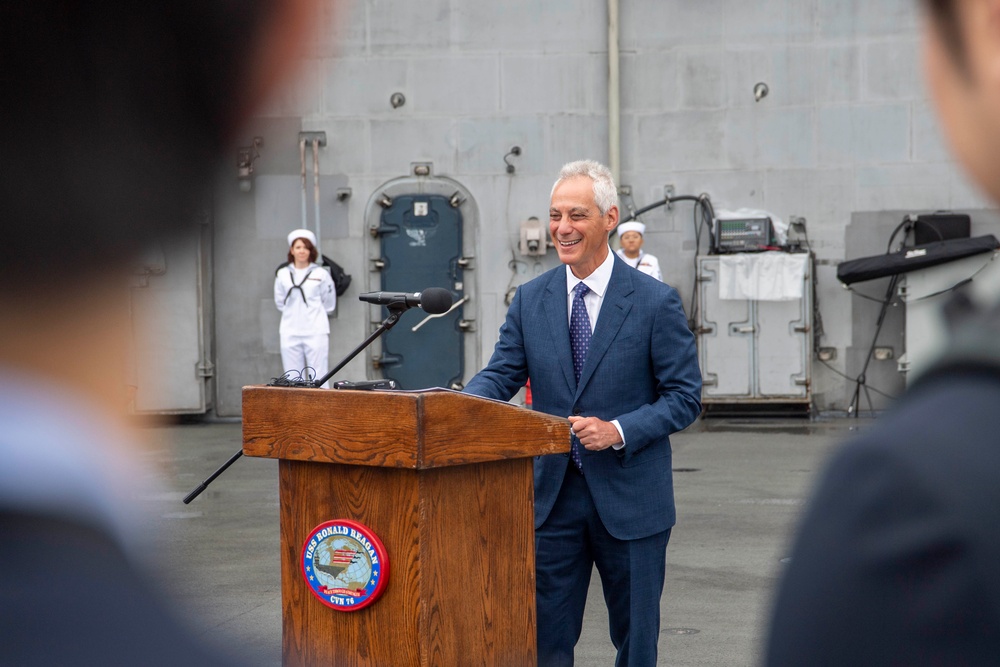 USS Ronald Reagan (CVN 76) hosts US Ambassador to Japan Rahm Emanuel, Japanese Government officials, leaders from the US Navy, JMSDF prior to departing Yokosuka, Japan after 9 years as FDNF carrier