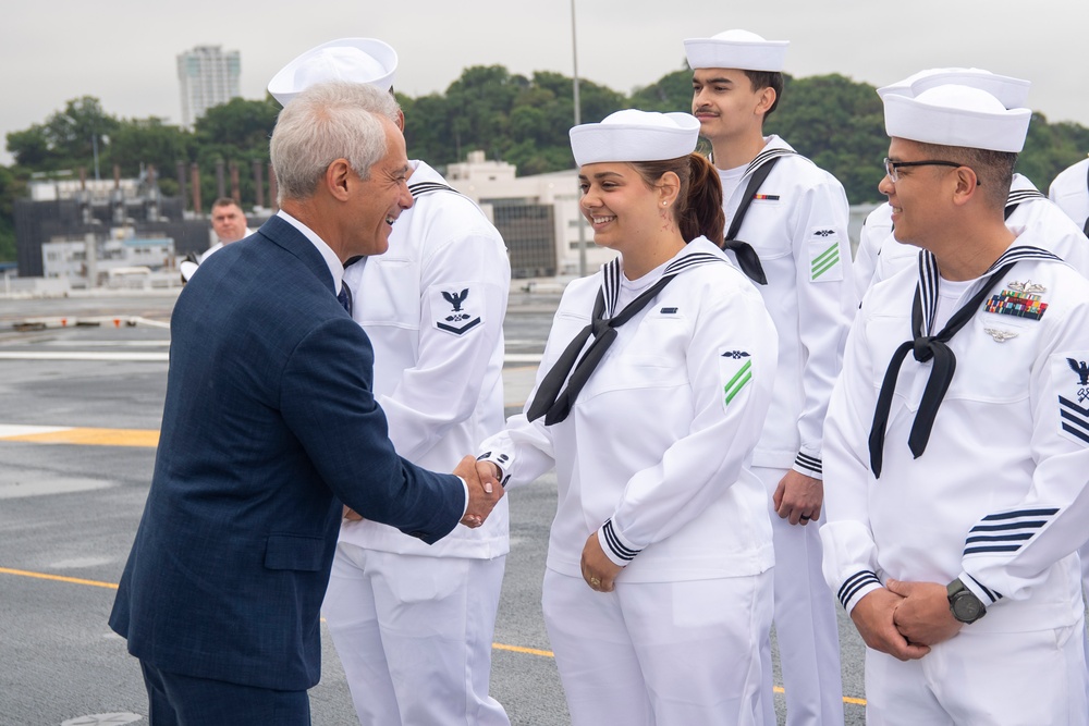 USS Ronald Reagan (CVN 76) hosts US Ambassador to Japan Rahm Emanuel, Japanese Government officials, leaders from the US Navy, JMSDF prior to departing Yokosuka, Japan after 9 years as FDNF carrier