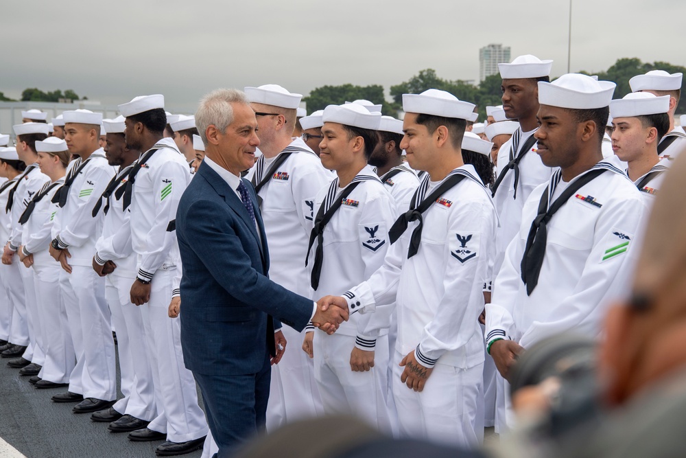 USS Ronald Reagan (CVN 76) hosts US Ambassador to Japan Rahm Emanuel, Japanese Government officials, leaders from the US Navy, JMSDF prior to departing Yokosuka, Japan after 9 years as FDNF carrier