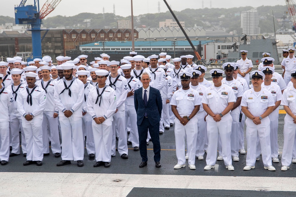 USS Ronald Reagan (CVN 76) hosts US Ambassador to Japan Rahm Emanuel, Japanese Government officials, leaders from the US Navy, JMSDF prior to departing Yokosuka, Japan after 9 years as FDNF carrier