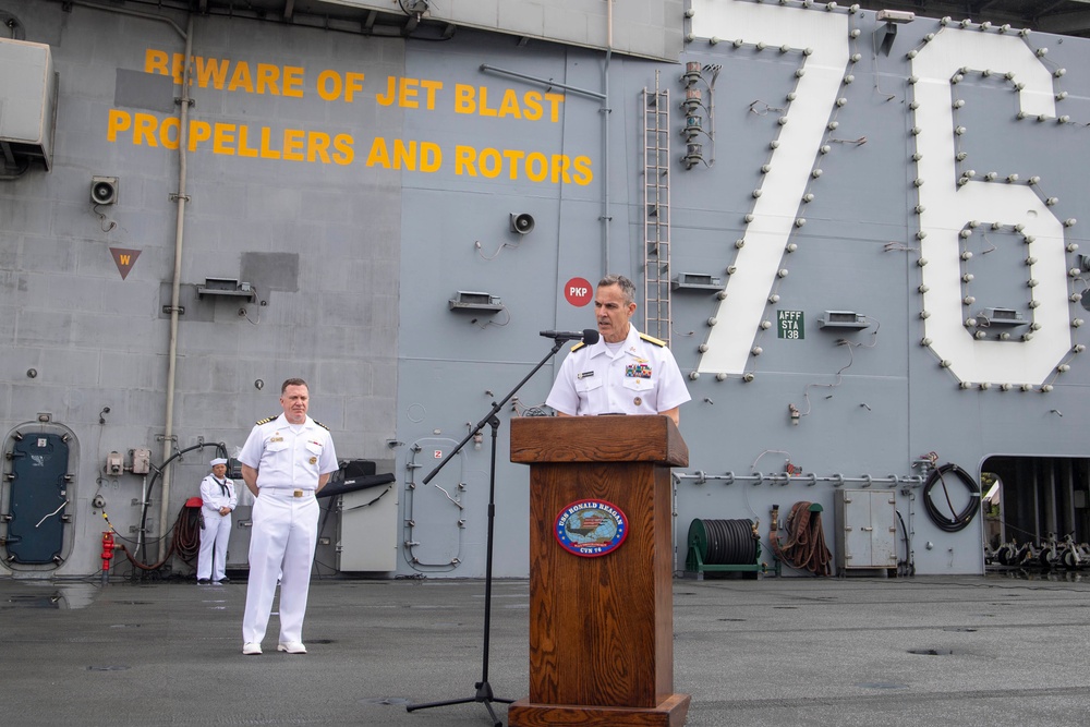 USS Ronald Reagan (CVN 76) hosts US Ambassador to Japan Rahm Emanuel, Japanese Government officials, leaders from the US Navy, JMSDF prior to departing Yokosuka, Japan after 9 years as FDNF carrier