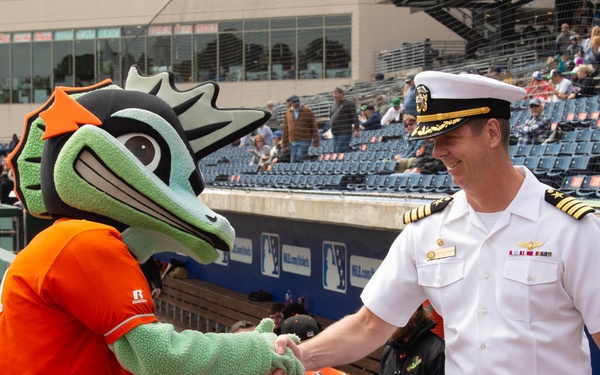 Capt. J. Patrick Thompson throws first pitch at Tides game