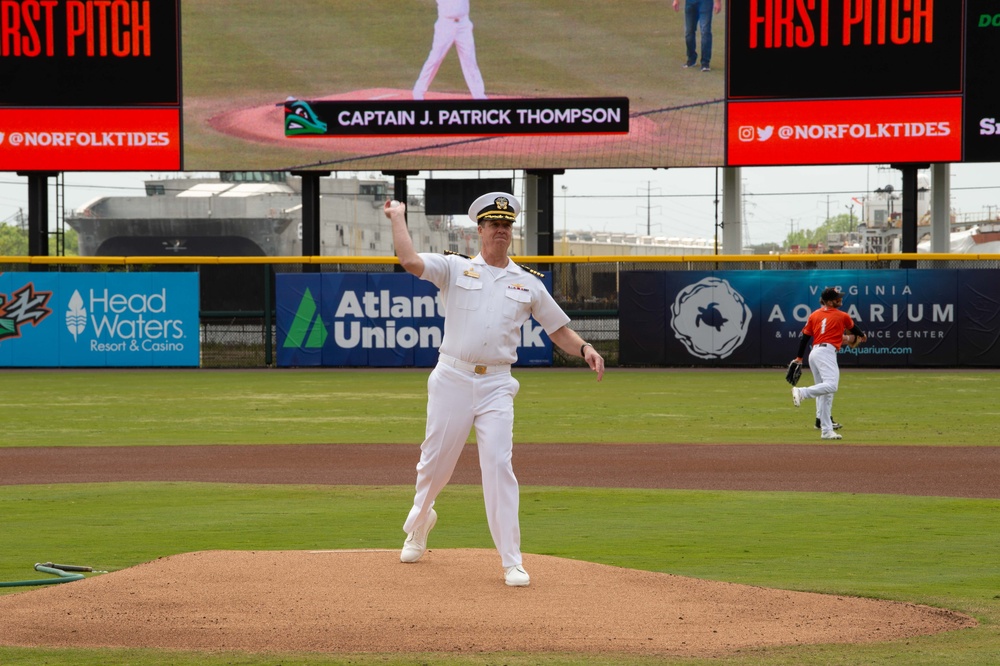 Capt. J. Patrick Thompson throws first pitch at Tides game
