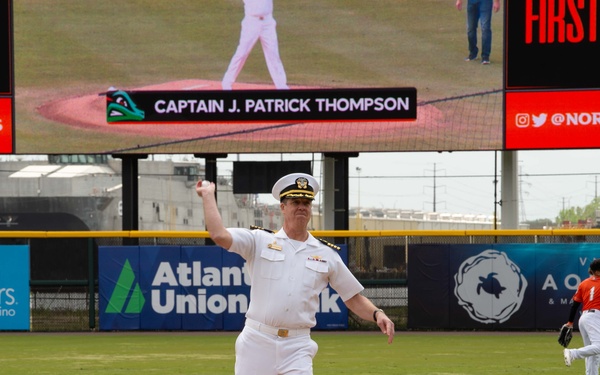 Capt. J. Patrick Thompson throws first pitch at Tides game