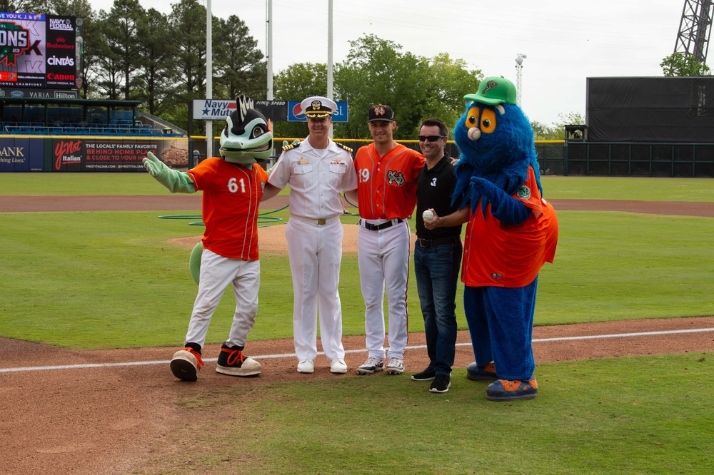 Capt. J. Patrick Thompson throws first pitch at Tides game