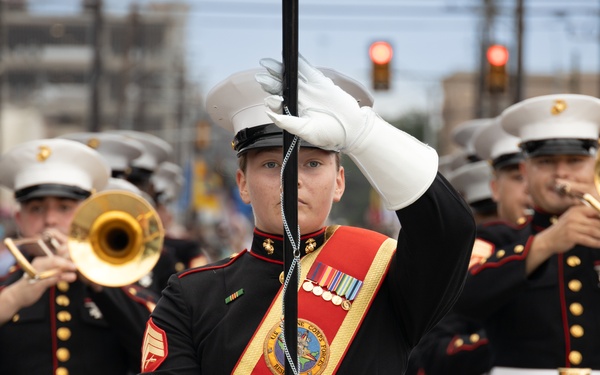 Marine Forces Reserve Band performs at The Battle of Flowers Parade
