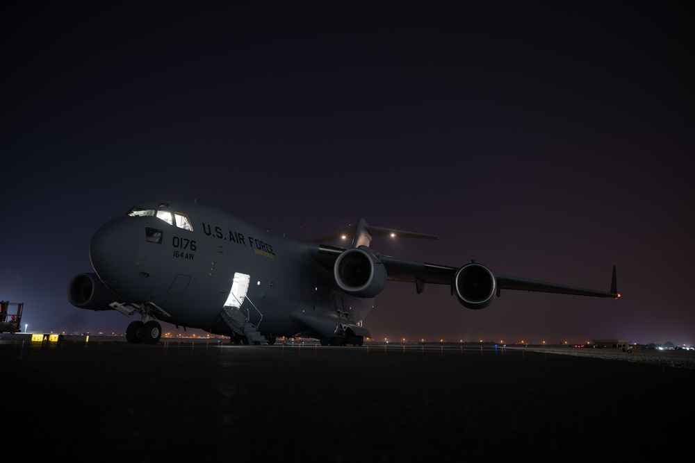 C-17 Globemaster III transports supplies in the USCENTCOM area of responsibility
