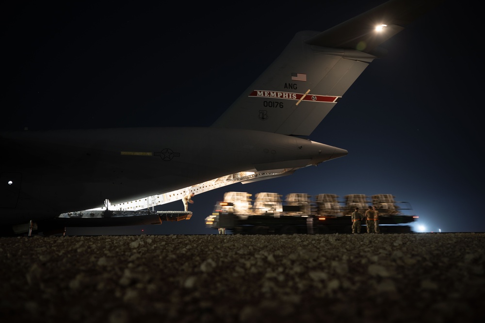 C-17 Globemaster III transports supplies in the USCENTCOM area of responsibility