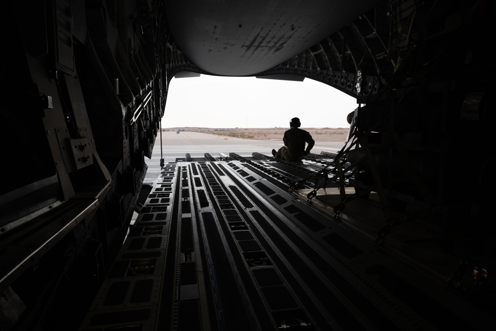 C-17 Globemaster III transports supplies in the USCENTCOM area of responsibility