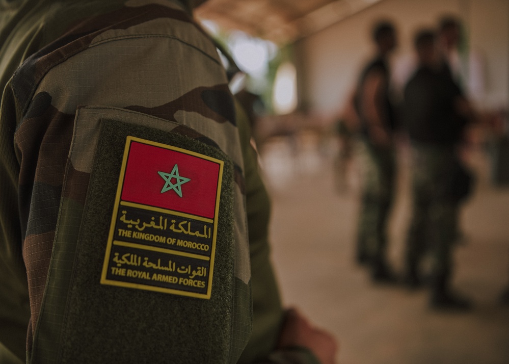 Members from the Royal Moroccan Armed Forces attend a Tactical Combat Casualty Course presentation led by the Norwegian Special Operation Forces during Flintlock 24