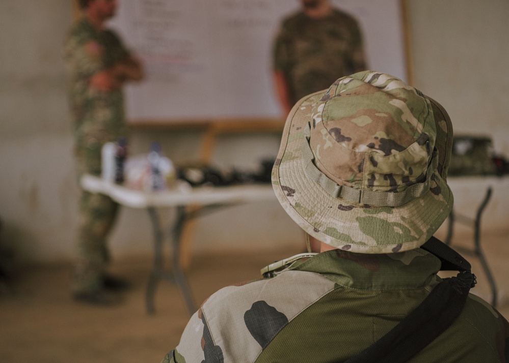 Members from the Royal Moroccan Armed Forces attend a Tactical Combat Casualty Course presentation led by the Norwegian Special Operation Forces during Flintlock 24