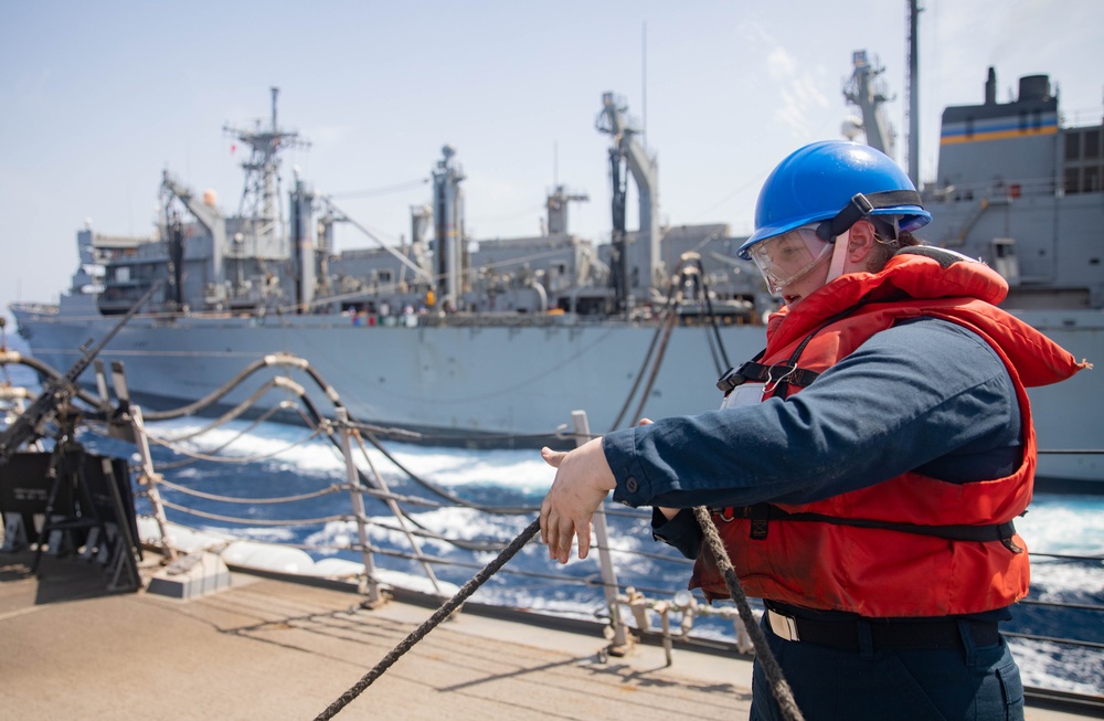 USS Gravely Conducts Replenishment-at-Sea with USNS Supply in the Red Sea