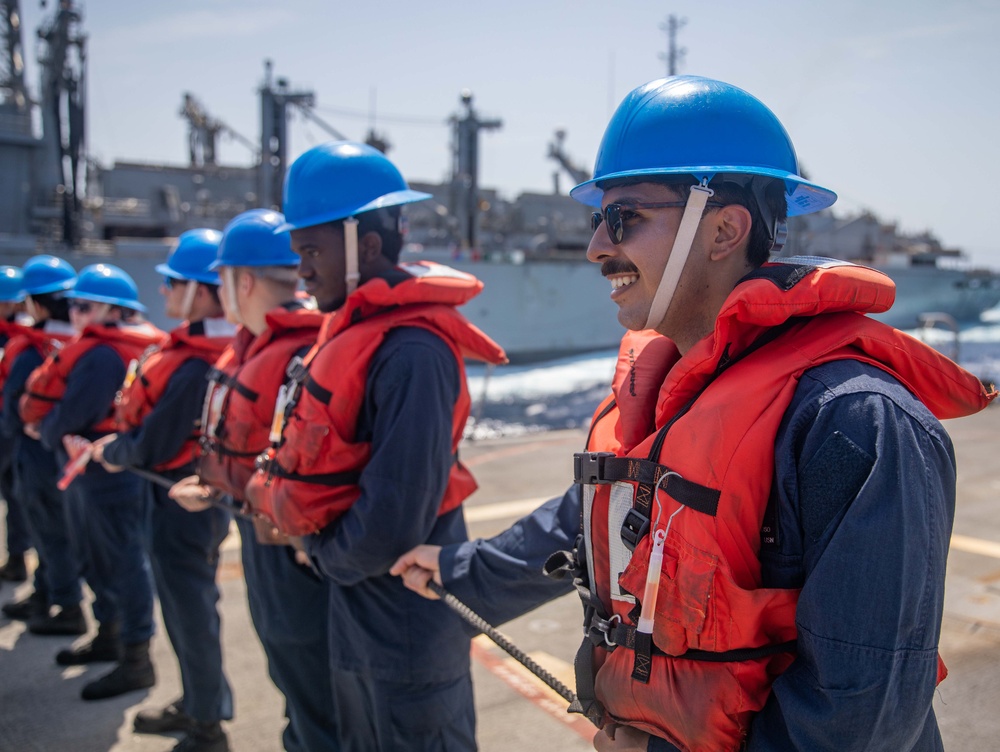 USS Gravely Conducts Replenishment-at-Sea with USNS Supply in the Red Sea