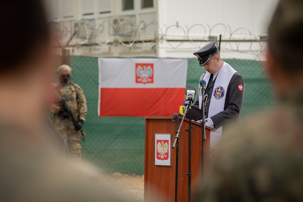 Dignitaries, members of 10th Special Forces Group (Airborne), Polish special forces, 6th Airborne Brigade, gather for the renaming of Camp Miron, May 17, 2024 near Krakow Poland.