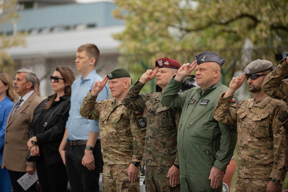 Dignitaries, members of 10th Special Forces Group (Airborne), Polish special forces, 6th Airborne Brigade, gather for the renaming of Camp Miron, May 17, 2024 near Krakow Poland.