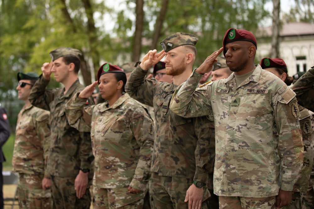 Dignitaries, members of 10th Special Forces Group (Airborne), Polish special forces, 6th Airborne Brigade, gather for the renaming of Camp Miron, May 17, 2024 near Krakow Poland.