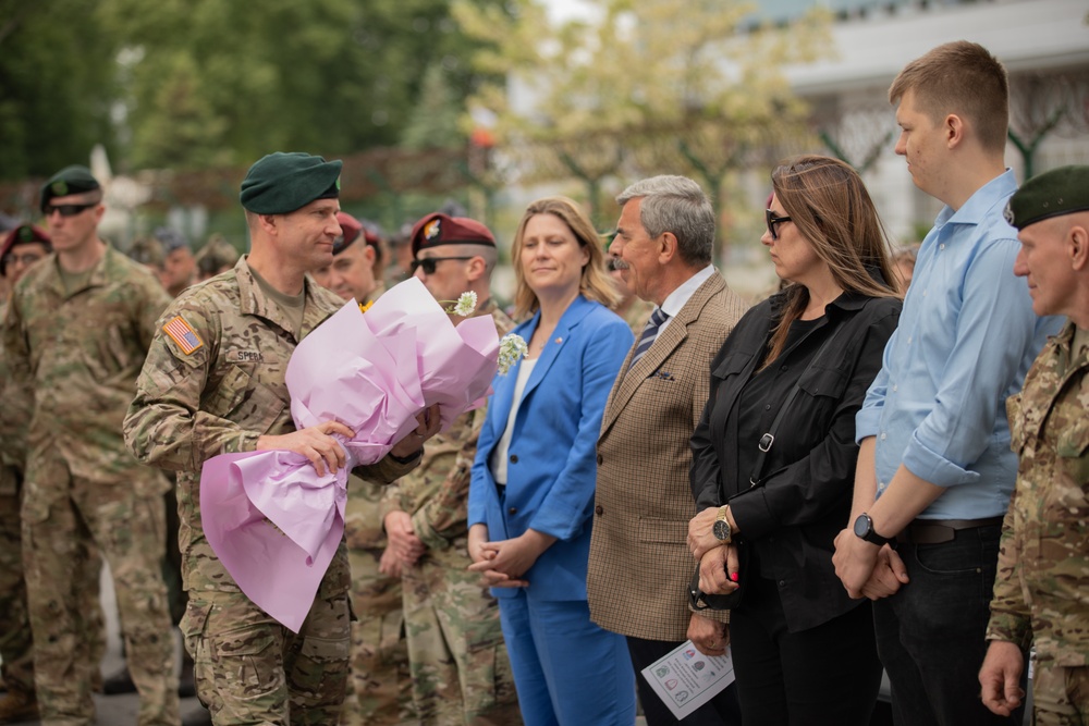 Dignitaries, members of 10th Special Forces Group (Airborne), Polish special forces, 6th Airborne Brigade, gather for the renaming of Camp Miron, May 17, 2024 near Krakow Poland.