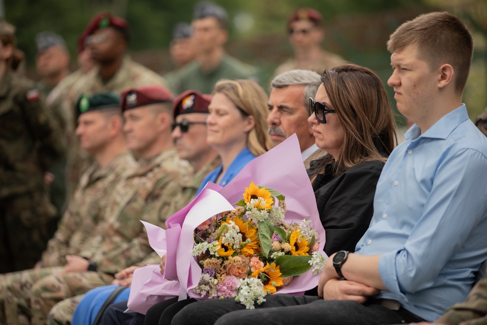 Dignitaries, members of 10th Special Forces Group (Airborne), Polish special forces, 6th Airborne Brigade, gather for the renaming of Camp Miron, May 17, 2024 near Krakow Poland.