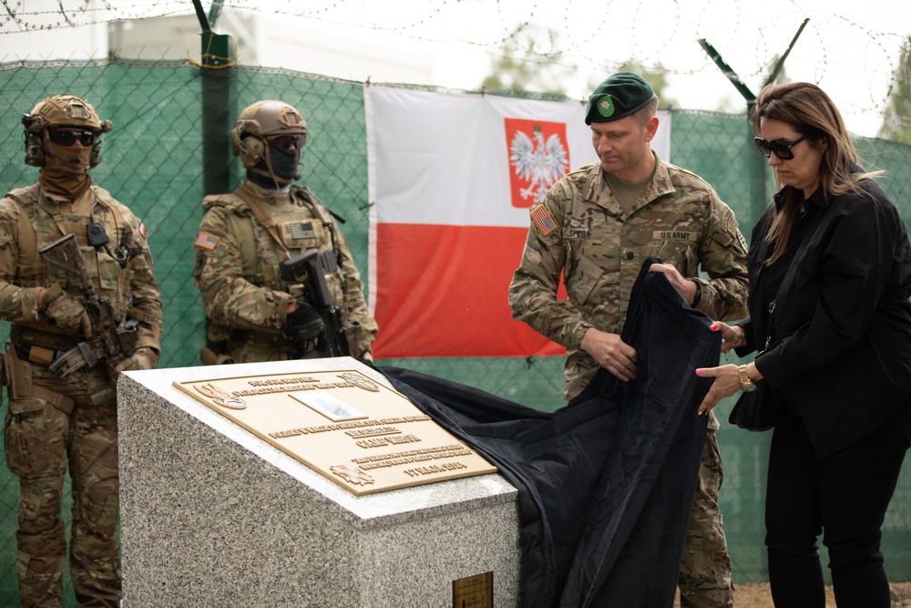 Dignitaries, members of 10th Special Forces Group (Airborne), Polish special forces, 6th Airborne Brigade, gather for the renaming of Camp Miron, May 17, 2024 near Krakow Poland.