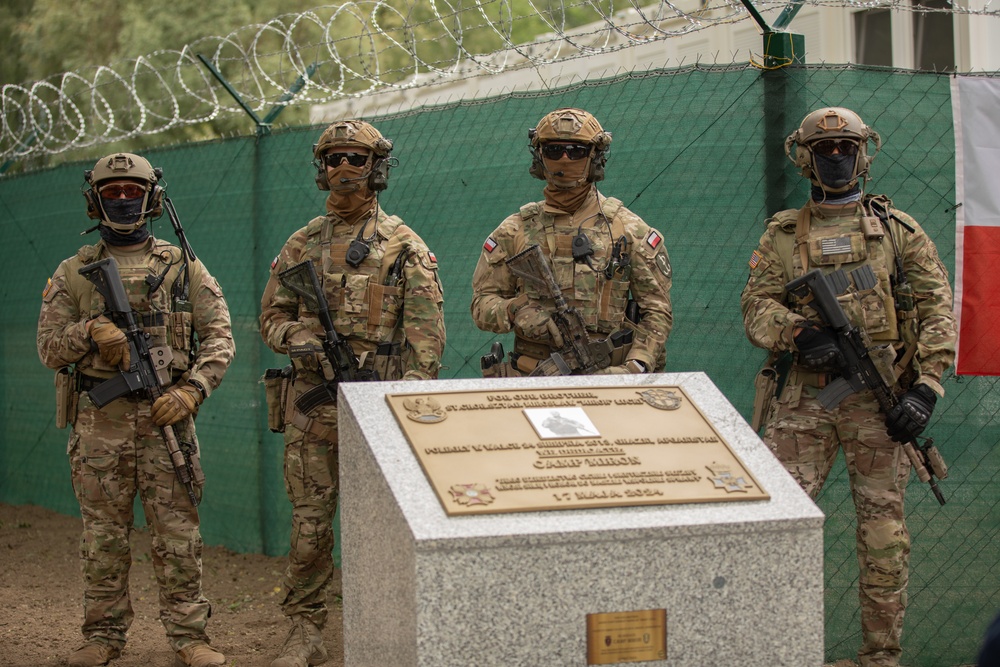 Dignitaries, members of 10th Special Forces Group (Airborne), Polish special forces, 6th Airborne Brigade, gather for the renaming of Camp Miron, May 17, 2024 near Krakow Poland.