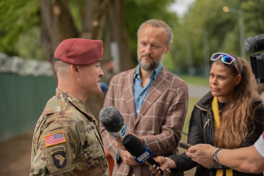 Dignitaries, members of 10th Special Forces Group (Airborne), Polish special forces, 6th Airborne Brigade, gather for the renaming of Camp Miron, May 17, 2024 near Krakow Poland.