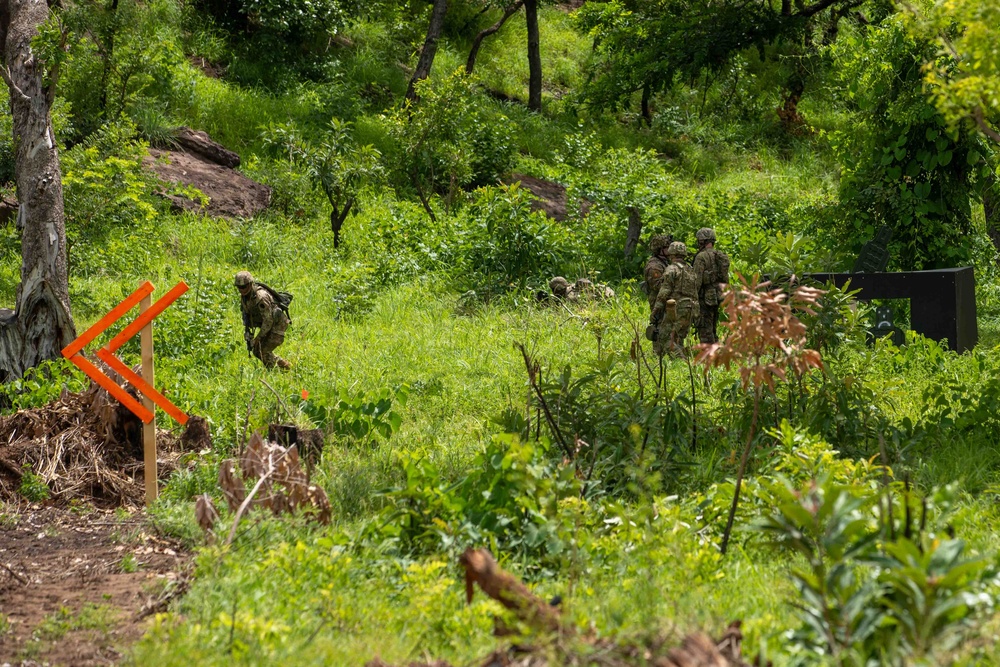 Maryland National Guard soldiers conduct react to contact drill in Ghana during African Lion 2024