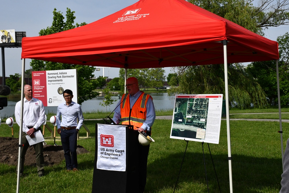 The U.S. Army Corps of Engineers, Rep. Frank Mrvan (IN-01), and the City of Hammond mark the start of the Calumet Region Dowling Stormwater Improvements Project