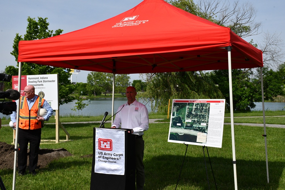 The U.S. Army Corps of Engineers, Rep. Frank Mrvan (IN-01), and the City of Hammond mark the start of the Calumet Region Dowling Stormwater Improvements Project