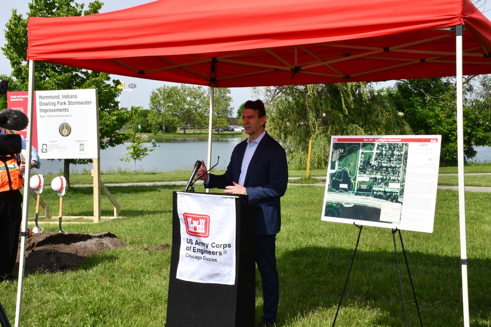 The U.S. Army Corps of Engineers, Rep. Frank Mrvan (IN-01), and the City of Hammond mark the start of the Calumet Region Dowling Stormwater Improvements Project