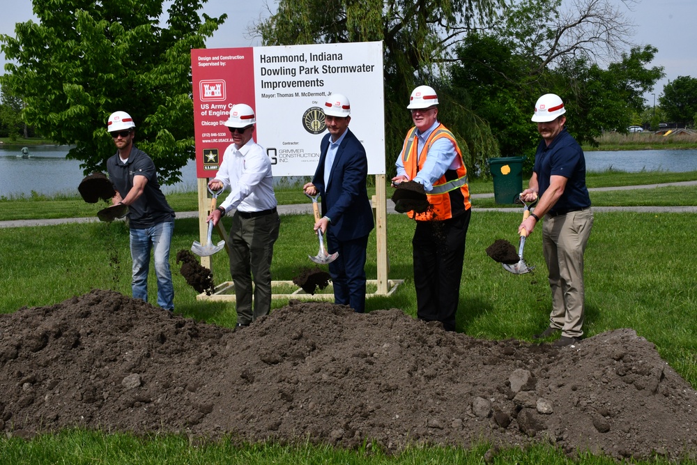 The U.S. Army Corps of Engineers, Rep. Frank Mrvan (IN-01), and the City of Hammond mark the start of the Calumet Region Dowling Stormwater Improvements Project