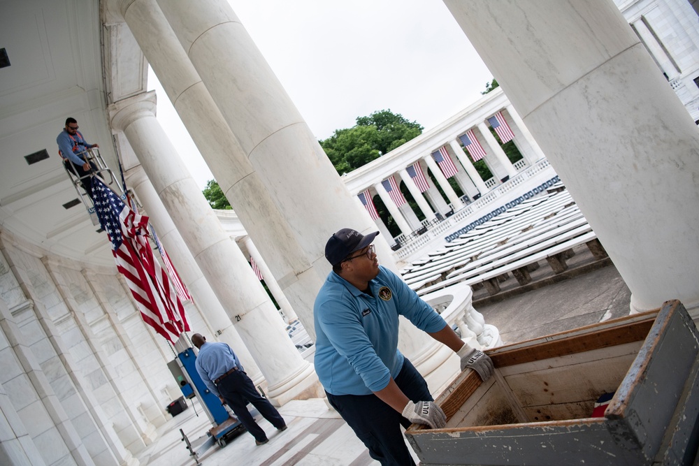 U.S. Flags are Hung in the Memorial Amphitheater in Preparation for the National Memorial Day Observance