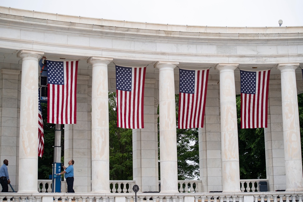 U.S. Flags are Hung in the Memorial Amphitheater in Preparation for the National Memorial Day Observance