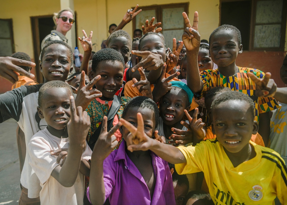 Dutch National Police donate supplies to a local school in Daboya, Ghana during Flintlock 24