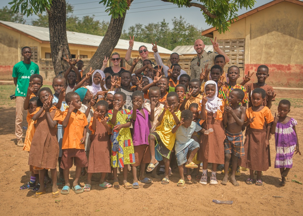 Dutch National police donate supplies to a local school in Daboya, Ghana during Flintlock 24