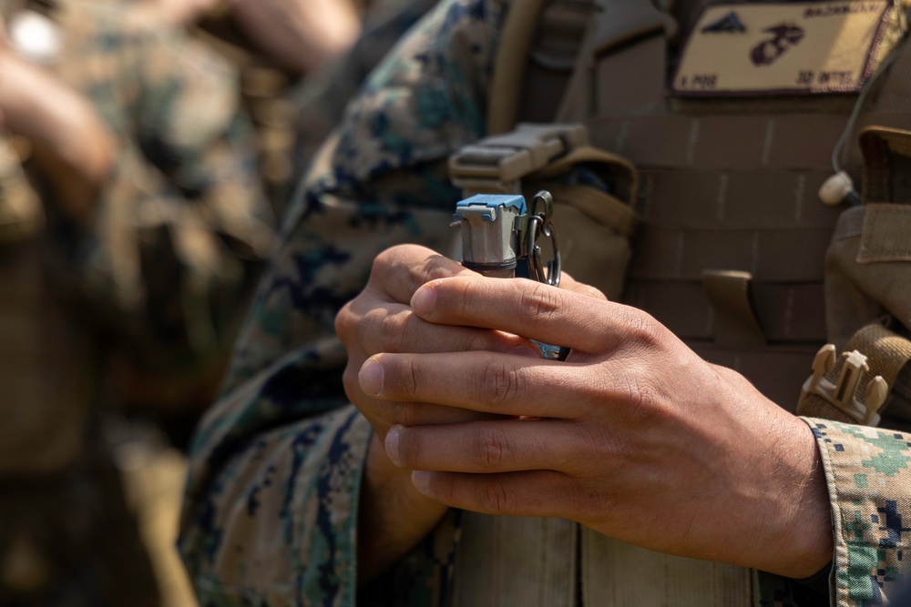 Marines with 3rd Intelligence Battalion throw grenades during a field exercise.