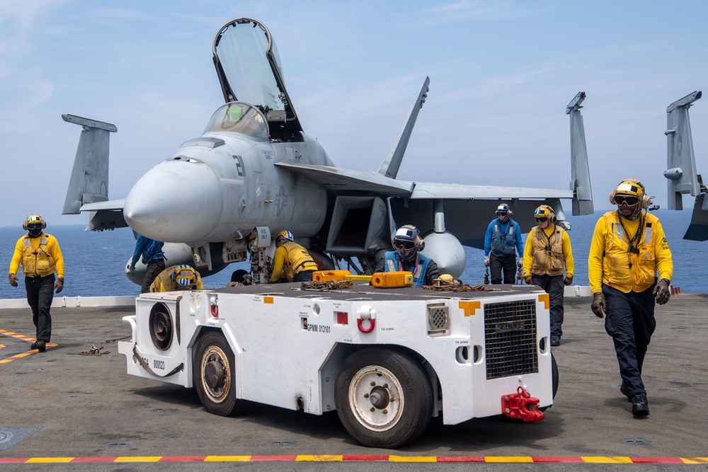 USS Ronald Reagan (CVN76) Sailors conduct flight deck operations