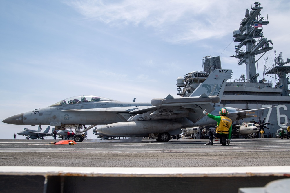 USS Ronald Reagan (CVN76) Sailors conduct flight deck operations
