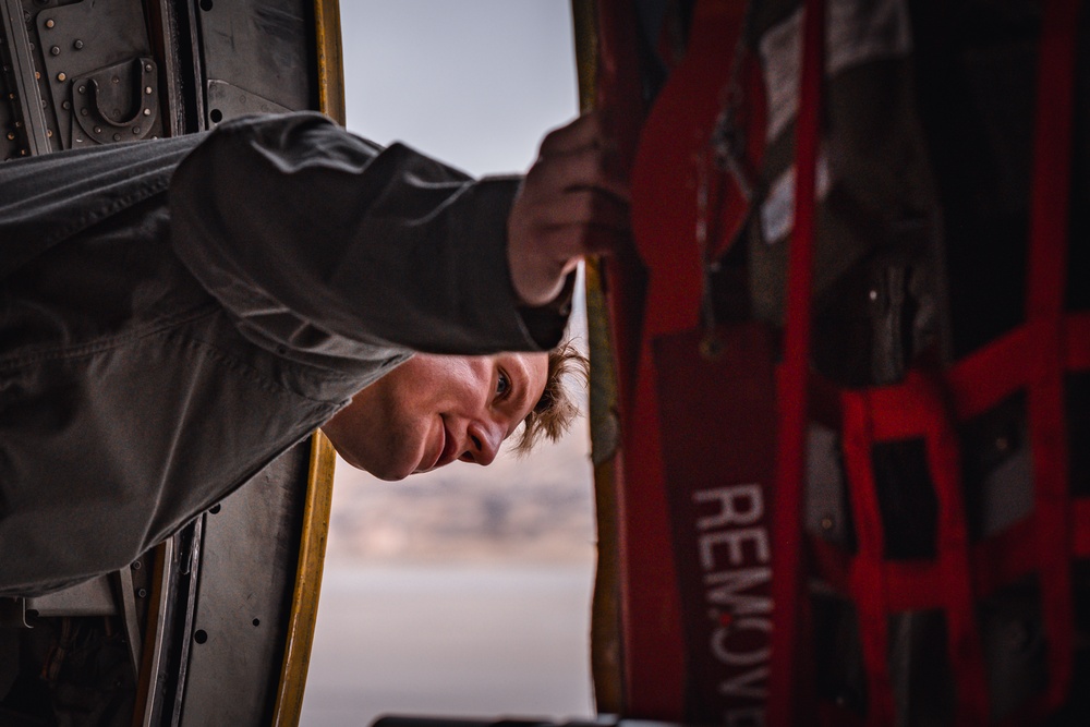 Staff Sgt. Skyler Buyce, a loadmaster with the 109th Airlift Wing, conducts post flight checks in Kangerlussuaq Greenland May 13th 2024.