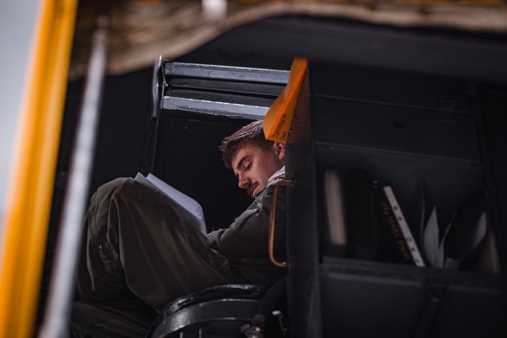 Staff Sgt. Jonathan Hill, a loadmaster with the 109th Airlift Wing, conducts post flight checks in Kangerlussuaq Greenland May 13th 2024.