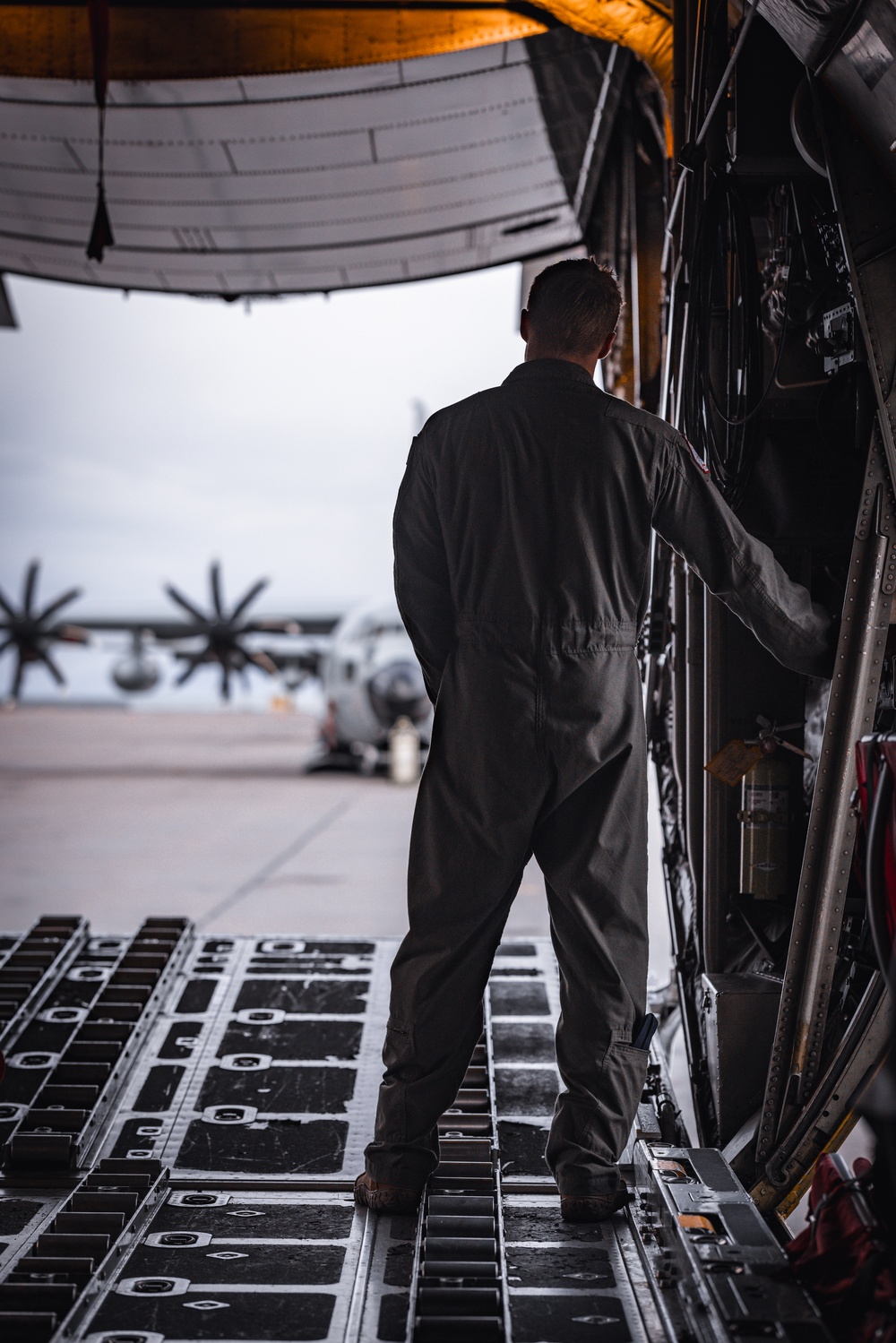 Staff Sgt. Skyler Buyce, a loadmaster with the 109th Airlift Wing, conducts post flight checks in Kangerlussuaq Greenland May 13th 2024.