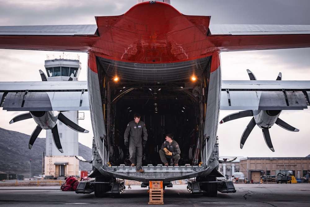 Maintenance and Operations personnel with the 109th Airlift Wing conduct post flgiht checks on an LC-130 Skibird in Kangerlussuaq Greenland May 13th 2024.