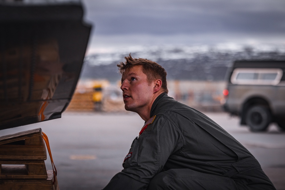 Staff Sgt. Skyler Buyce, a loadmaster with the 109th Airlift Wing, conducts post flight checks in Kangerlussuaq Greenland May 13th 2024.