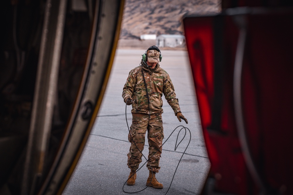 Airman First Class Riley Redman conducts post flight maintenance checks on an LC-130 Skibird at Kangerlussuaq, Greenland May 13th 2024.