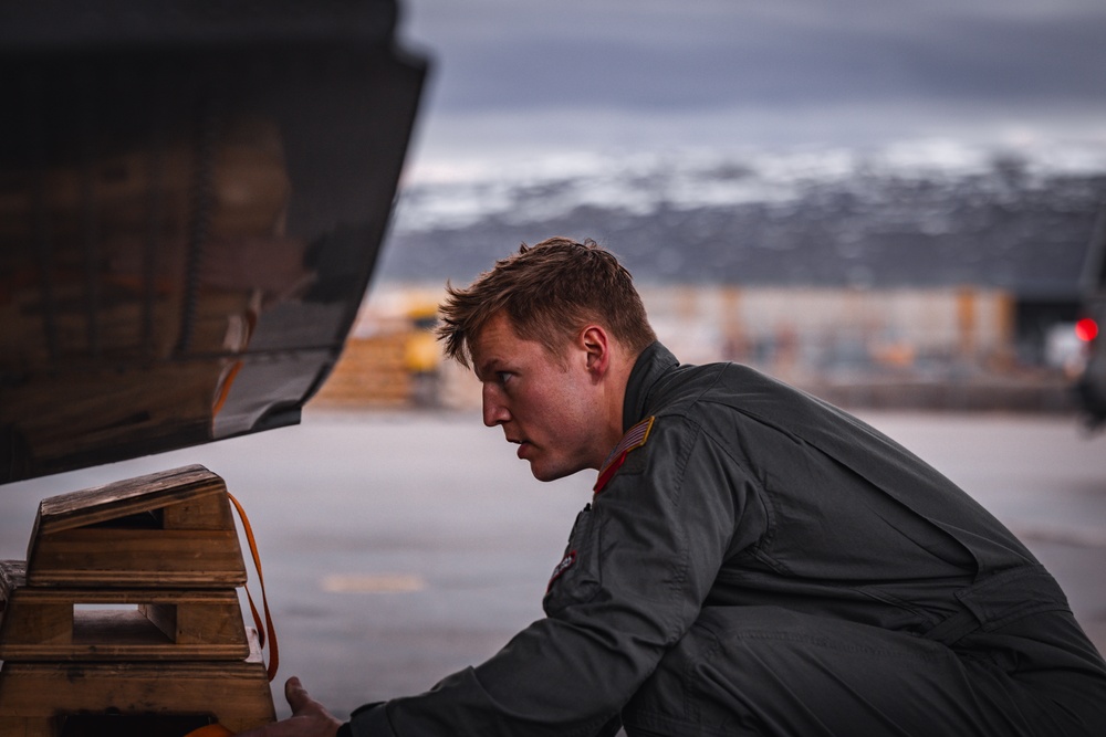 Staff Sgt. Skyler Buyce, a loadmaster with the 109th Airlift Wing, conducts post flight checks in Kangerlussuaq Greenland May 13th 2024.