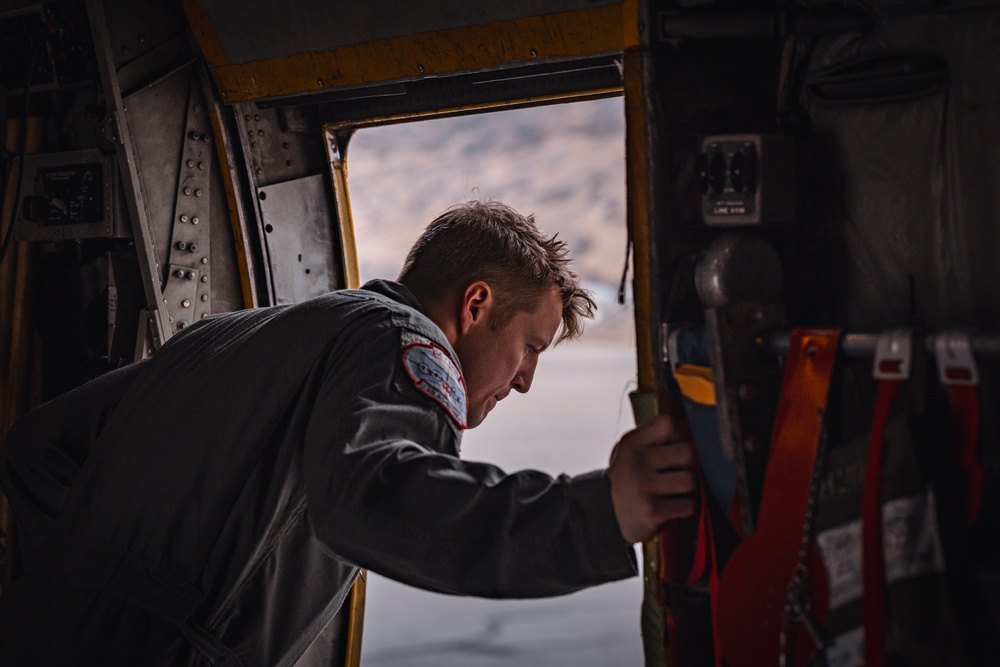 Staff Sgt. Skyler Buyce, a loadmaster with the 109th Airlift Wing, conducts post flight checks in Kangerlussuaq Greenland May 13th 2024.