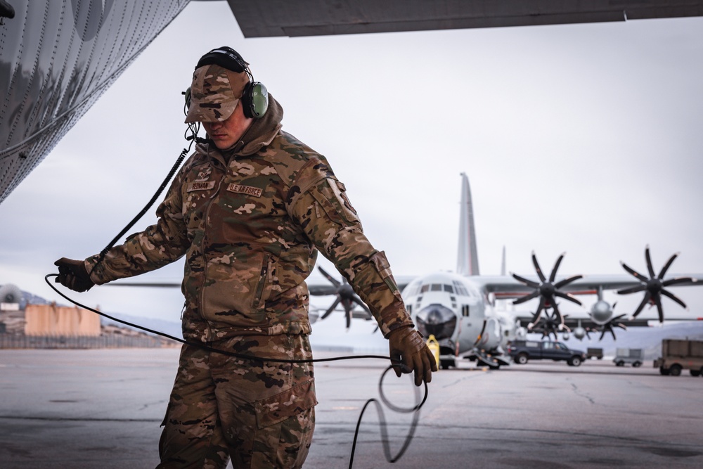 Airman First Class Riley Redman conducts post flight maintenance checks on an LC-130 Skibird at Kangerlussuaq, Greenland May 13th 2024.