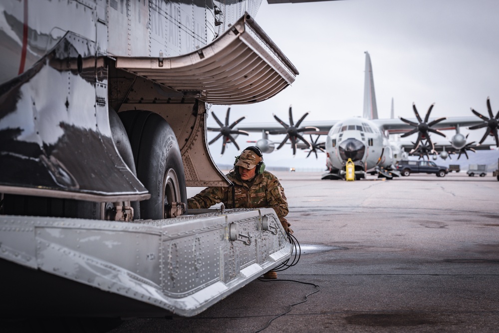 Airman First Class Riley Redman conducts post flight maintenance checks on an LC-130 Skibird at Kangerlussuaq, Greenland May 13th 2024.