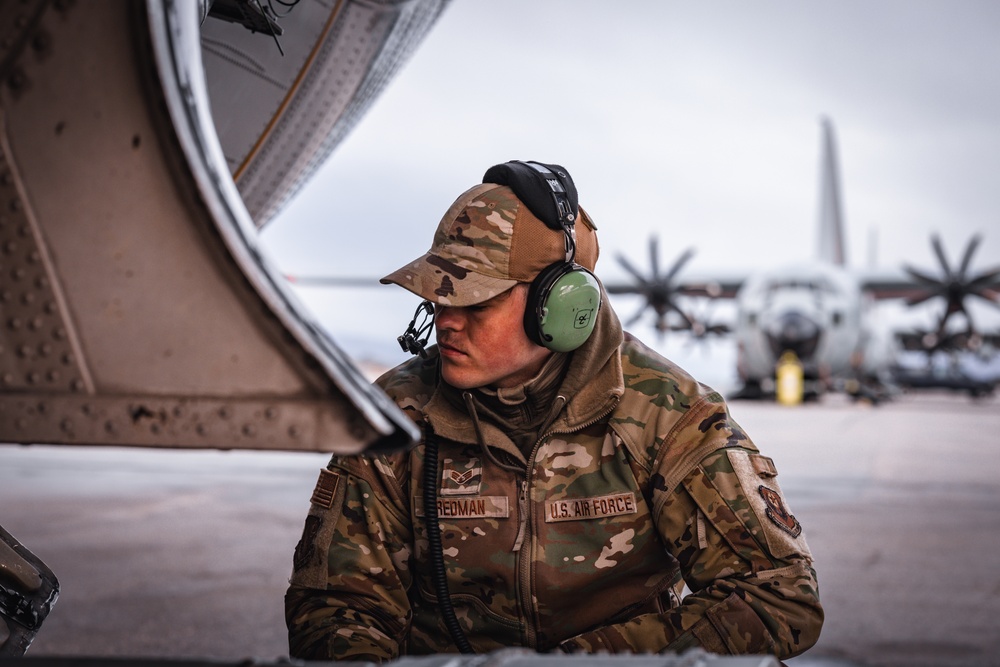 Airman First Class Riley Redman conducts post flight maintenance checks on an LC-130 Skibird at Kangerlussuaq, Greenland May 13th 2024.