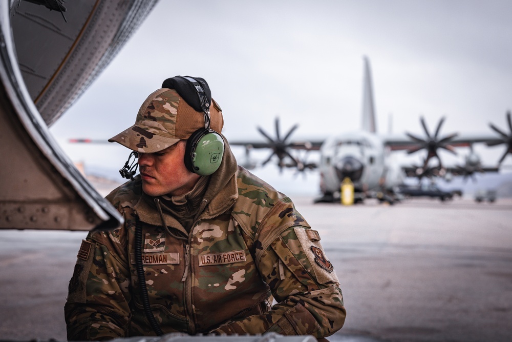 Airman First Class Riley Redman conducts post flight maintenance checks on an LC-130 Skibird at Kangerlussuaq, Greenland May 13th 2024.